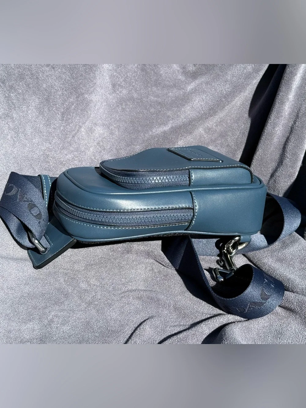 COACH Racer Sling Pack In Smooth Leather in Dark Denim Blue with Silver Hardware - Picture 3 of 14